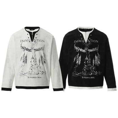 American Retro Punk Printed Pearl Buckle Fake Two-piece Long Sleeve