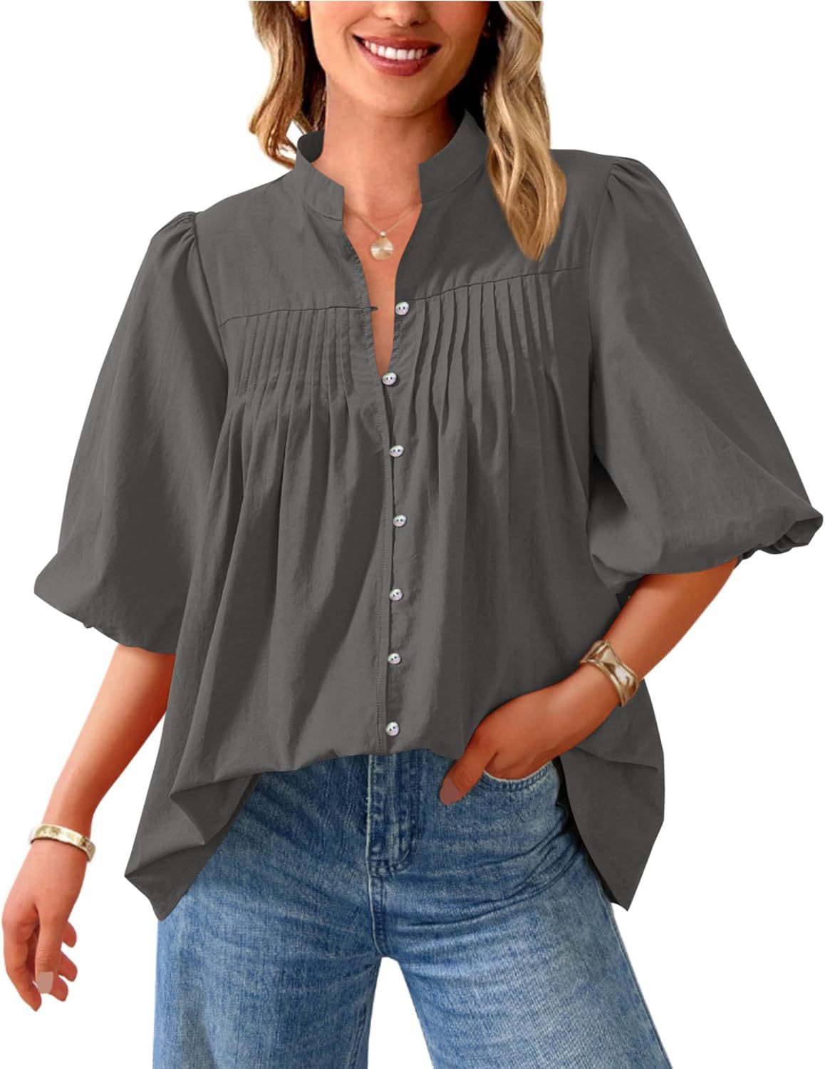 Loose Style Button Shirt Casual Pleated V-neck Shirt