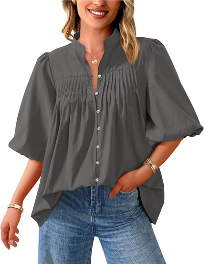 Loose Style Button Shirt Casual Pleated V-neck Shirt