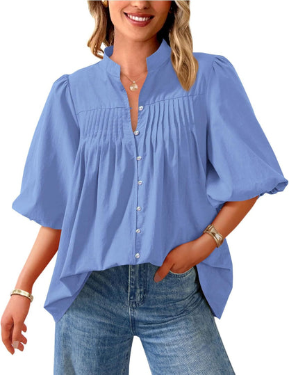 Loose Style Button Shirt Casual Pleated V-neck Shirt