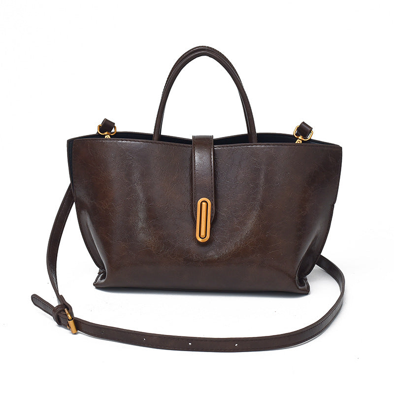 Simple Elegant Oil Wax Leather Portable Bucket Bag