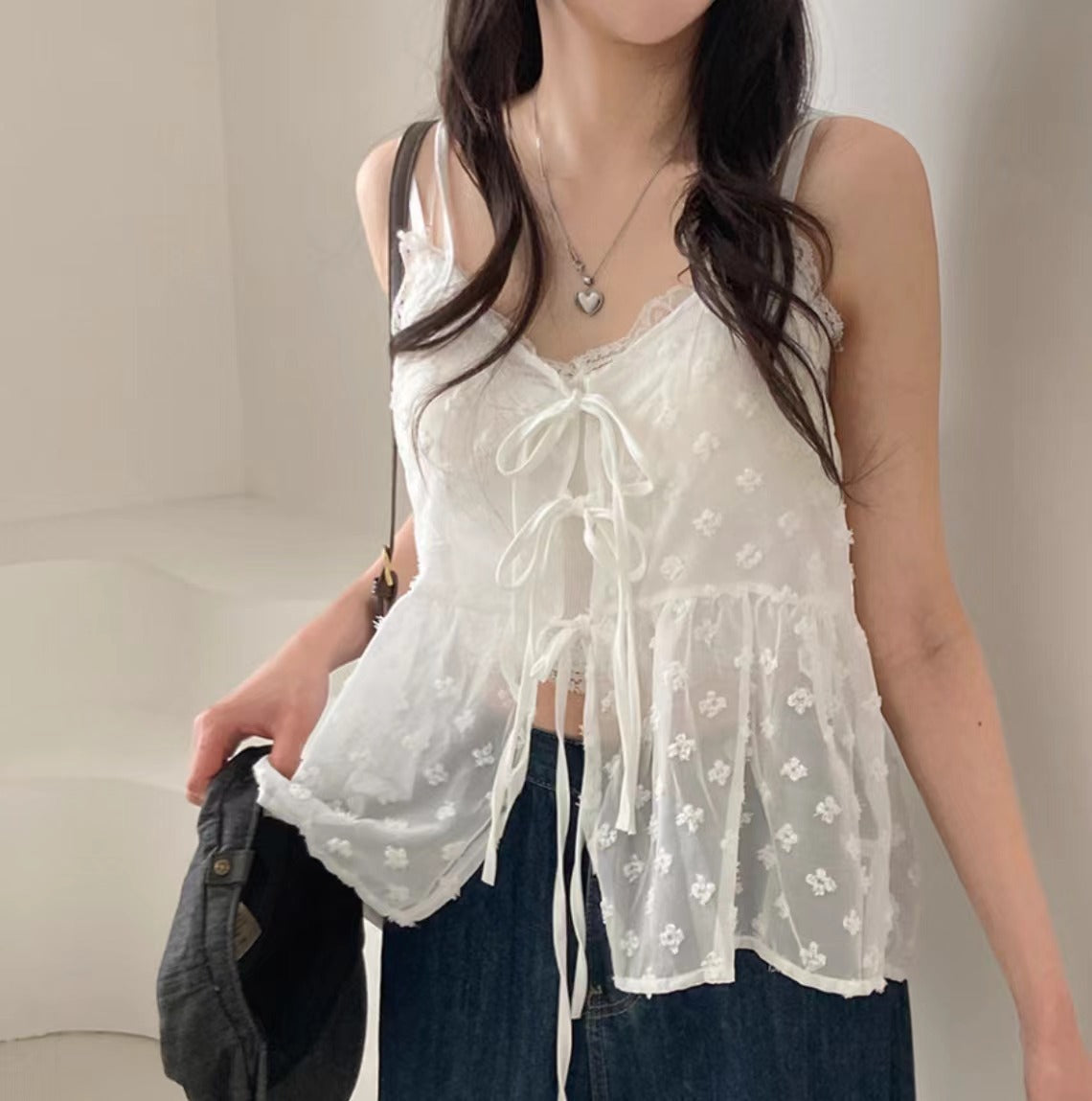 V-neck Lace-up Design Embroidery Jacquard All-match Bandage Dress Sling