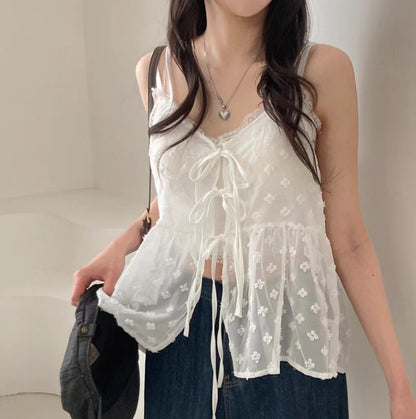 V-neck Lace-up Design Embroidery Jacquard All-match Bandage Dress Sling