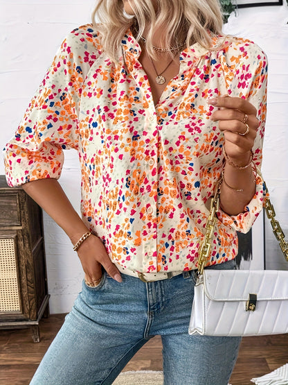 Women's Holiday Loose V-neck Lantern Sleeve Floral Print Shirt