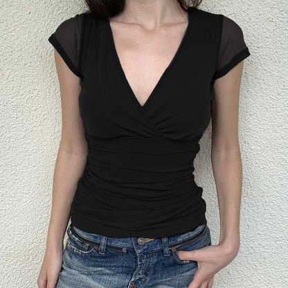Deep V Design Small Pleated Pure Color Mesh Stitching Short Sleeve