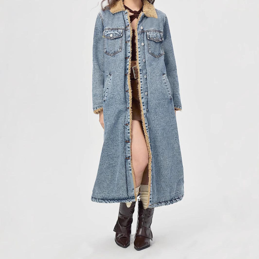 European And American Loose Long Velvet Lining Cotton-padded Coat Denim Coat