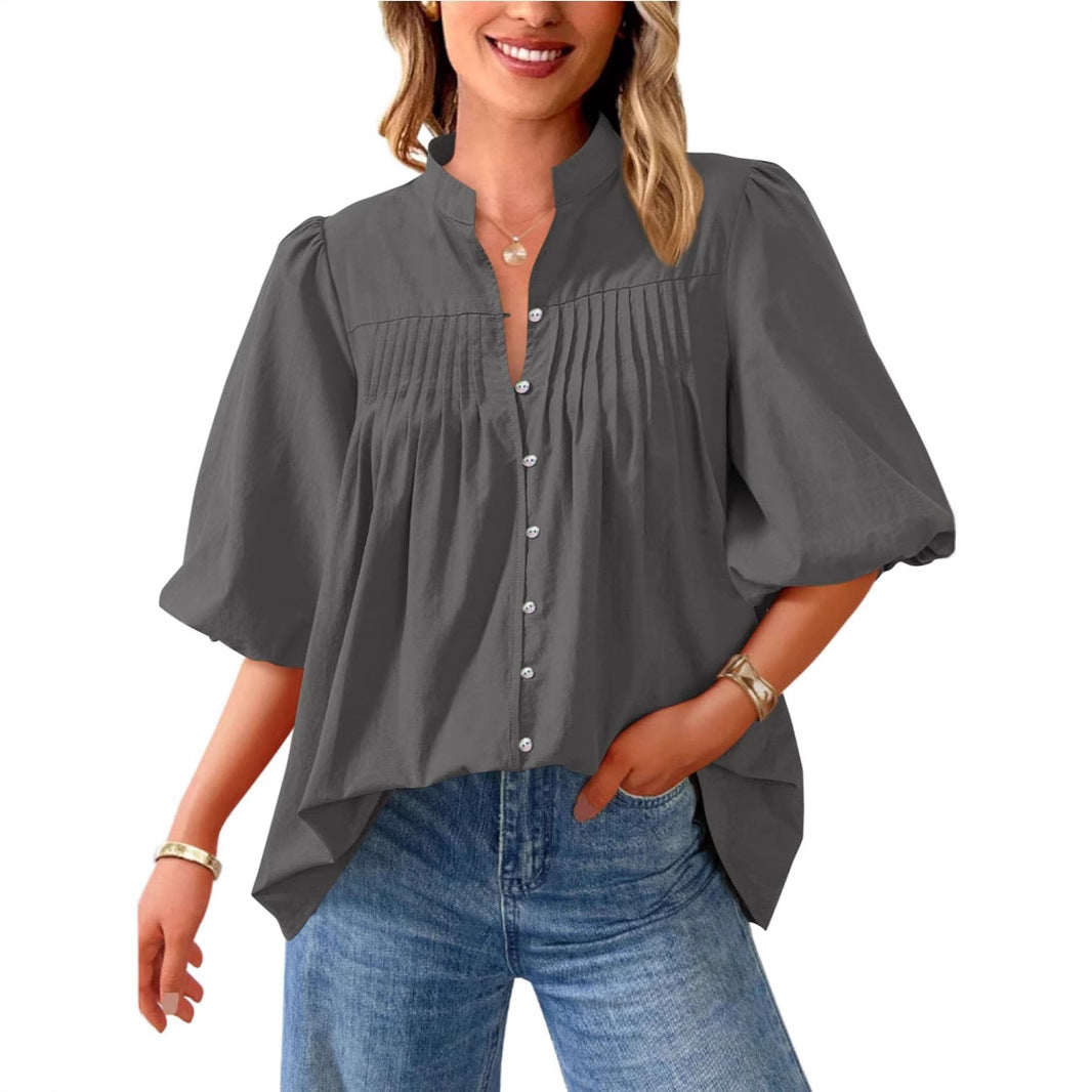 Loose Style Button Shirt Casual Pleated V-neck Shirt