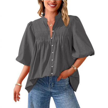 Loose Style Button Shirt Casual Pleated V-neck Shirt