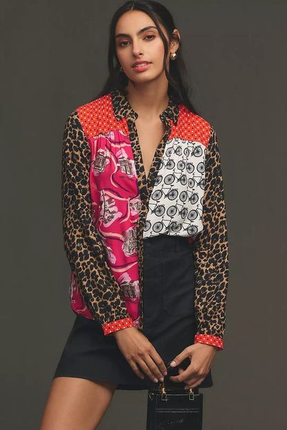 Print Lapel Long Sleeve Shirt Women's