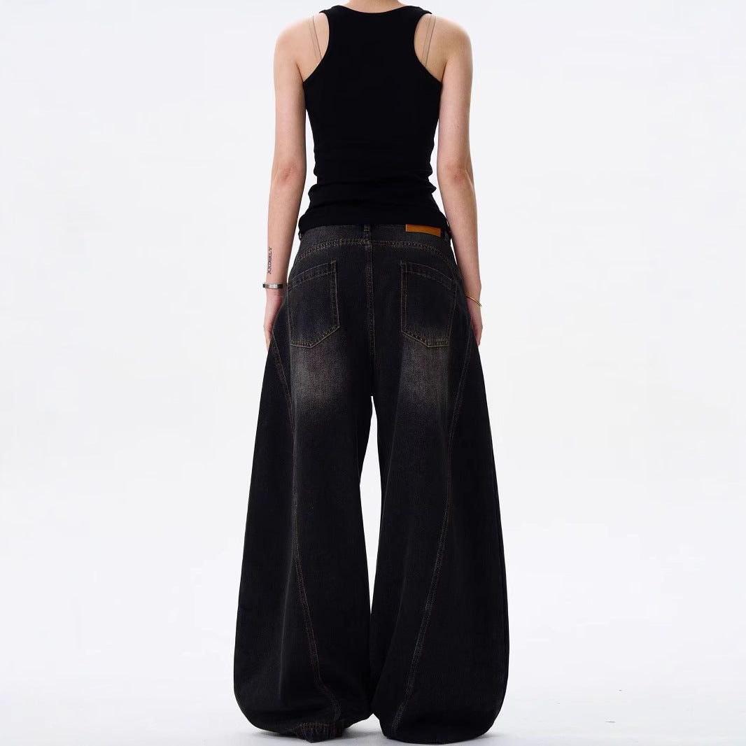 Retro Cat Beard Machete Jeans Women Loose Straight-leg Wide-leg