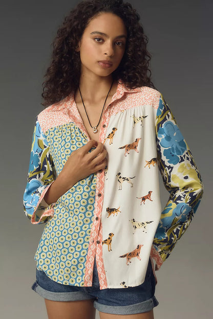 Print Lapel Long Sleeve Shirt Women's
