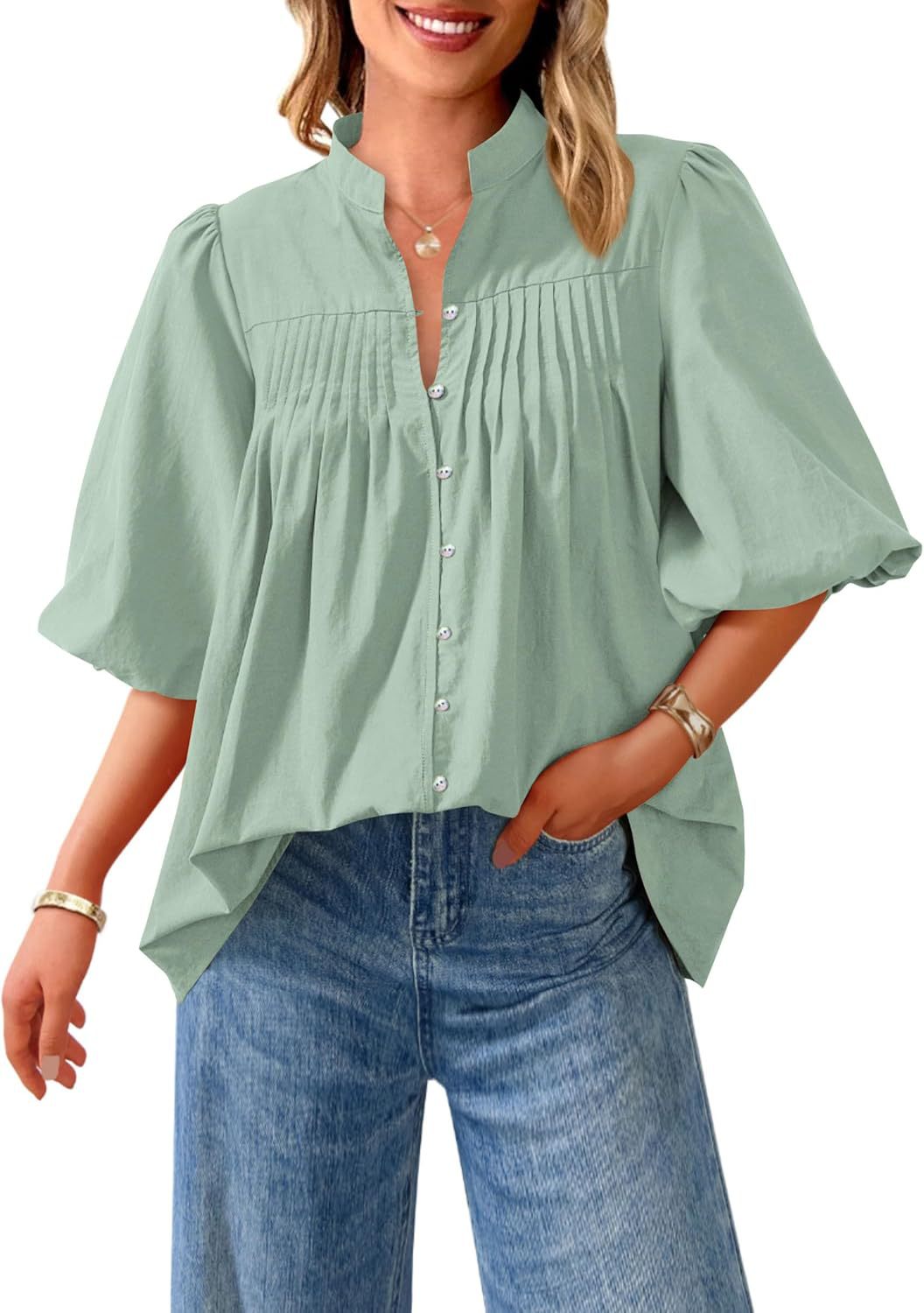 Loose Style Button Shirt Casual Pleated V-neck Shirt