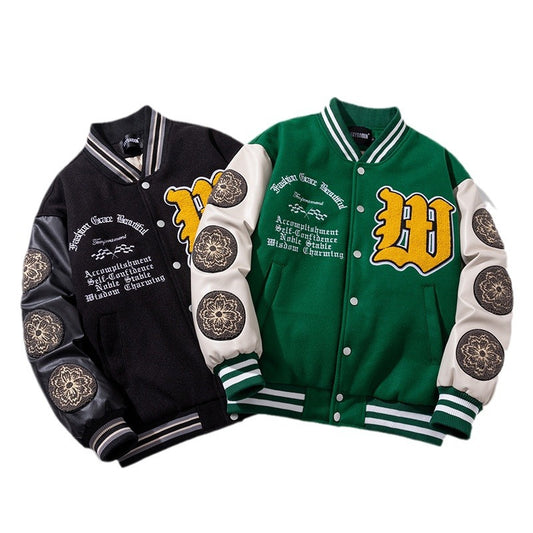 Woolen Baseball Uniform Loose Embroidered PU Coat