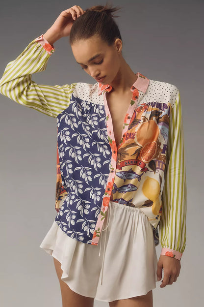 Print Lapel Long Sleeve Shirt Women's