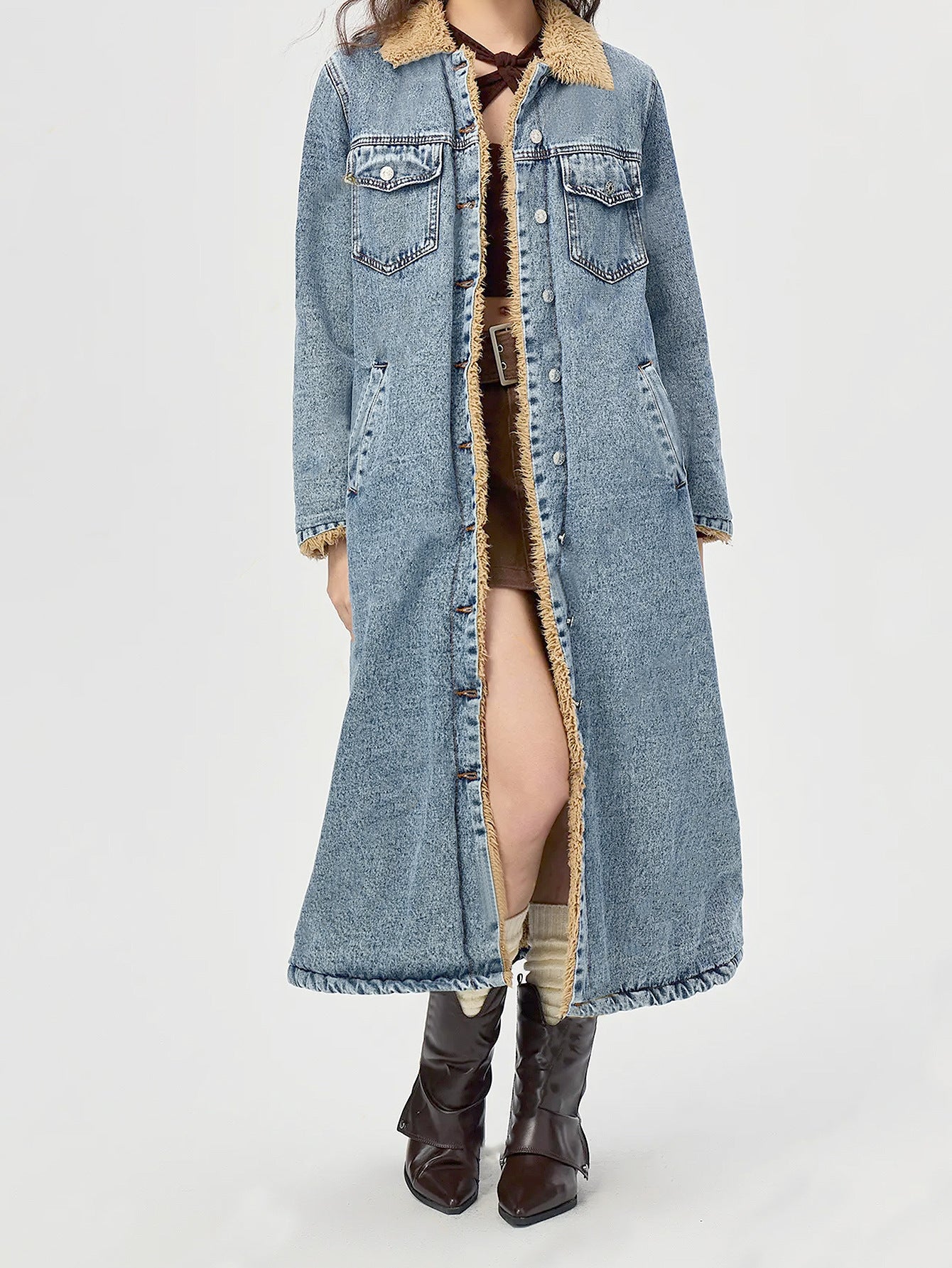 European And American Loose Long Velvet Lining Cotton-padded Coat Denim Coat