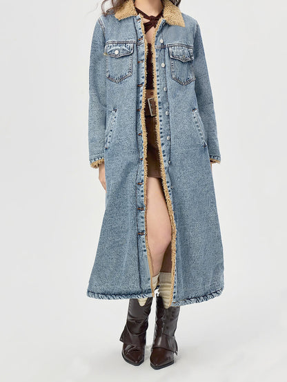 European And American Loose Long Velvet Lining Cotton-padded Coat Denim Coat