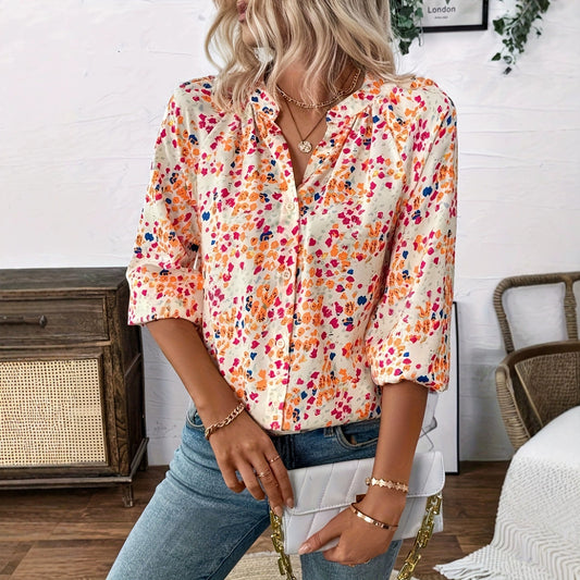 Women's Holiday Loose V-neck Lantern Sleeve Floral Print Shirt