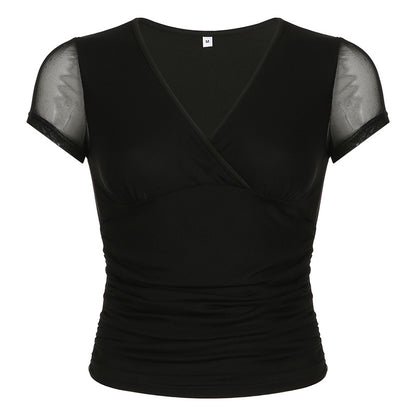 Deep V Design Small Pleated Pure Color Mesh Stitching Short Sleeve