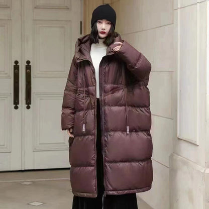 Autumn And Winter Warm Thick Hooded Mid-length White Duck Down Jacket Women