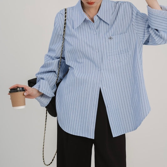 Blue Minimalist Preppy Shirt Women's Loose Slimming