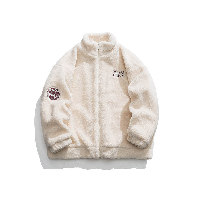 Casual Letter Embroidered Lamb Wool Coat Neutral Cotton-padded Jacket