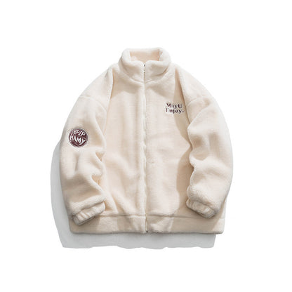 Casual Letter Embroidered Lamb Wool Coat Neutral Cotton-padded Jacket