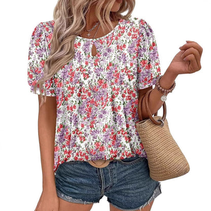Floral Print Round Neck T Hole Flower Female