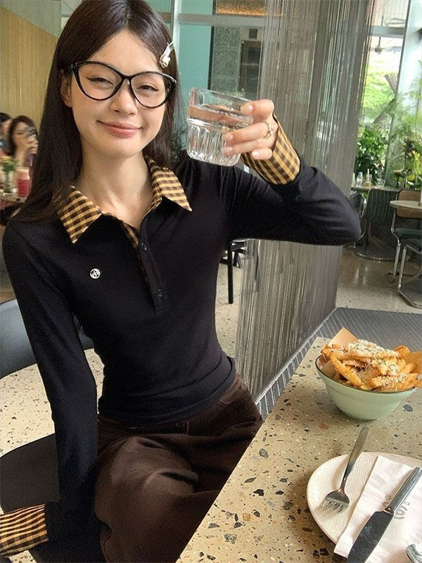 Women's Lapel Shoulder Long-sleeved T-shirt