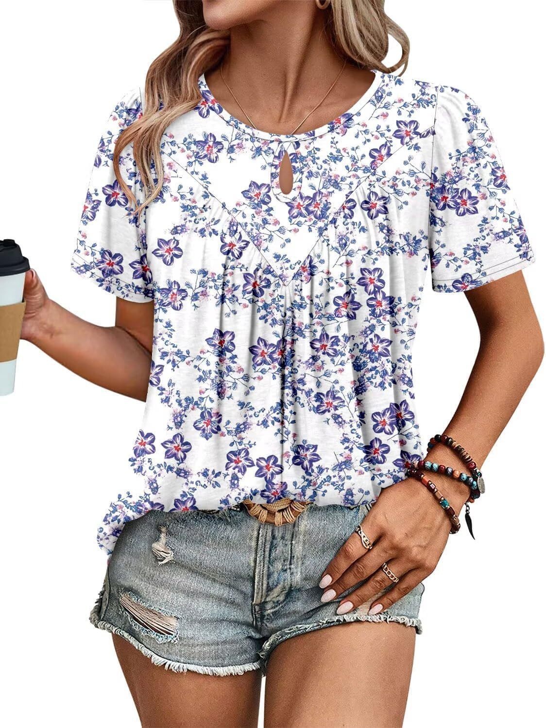 Floral Print Round Neck T Hole Flower Female