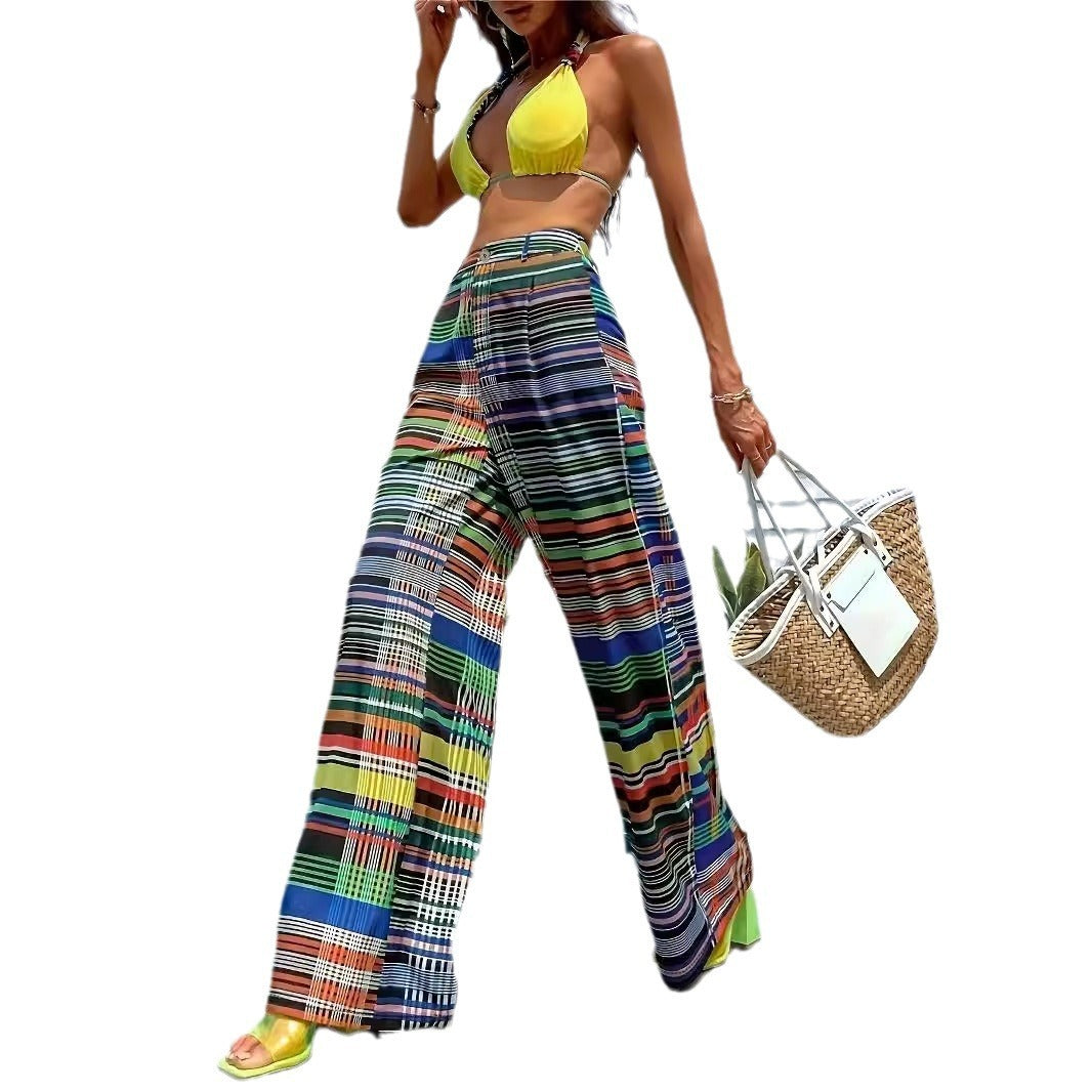 Color Printed High Waist Trousers Casual And Comfortable Drape Wide Leg
