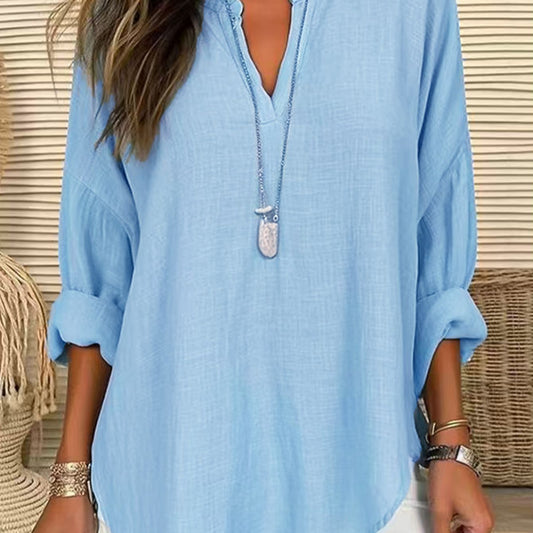 Women's Casual V-neck Cotton And Linen Solid Color Shirt