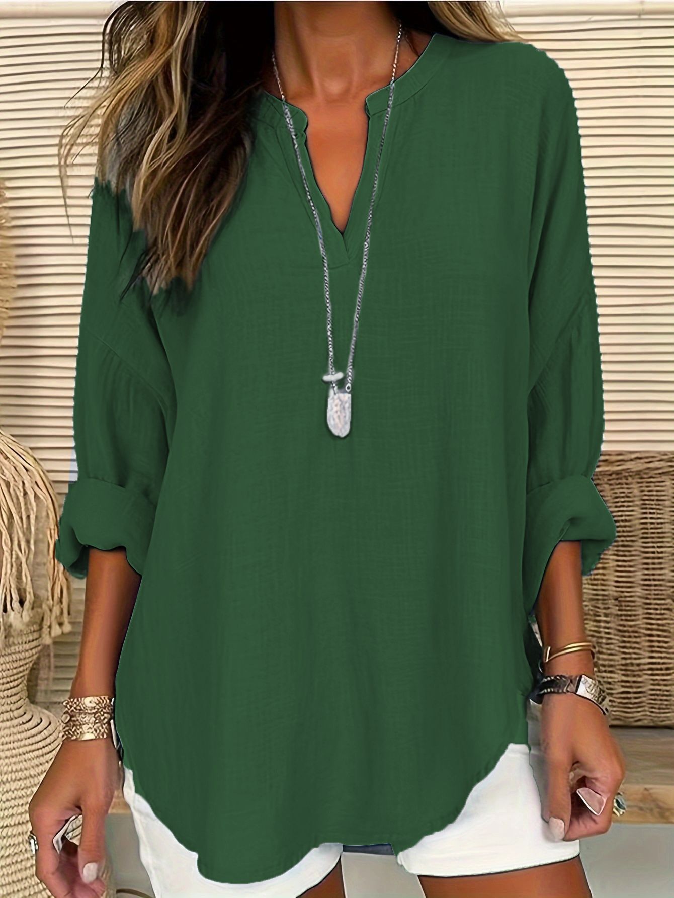 Women's Casual V-neck Cotton And Linen Solid Color Shirt