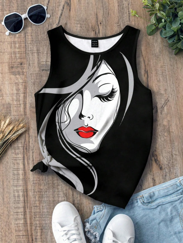Summer Abstract Face Printed Round Neck Tank Top