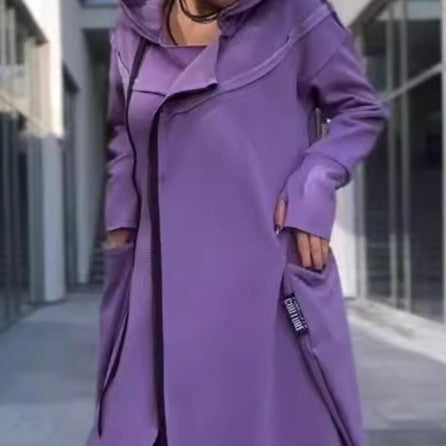Women's Long Irregular Hem Zipper Fashion Pocket Sweatshirt