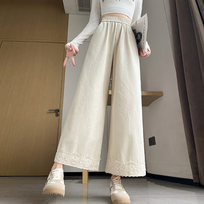 Women's Washed Cotton Lace Wide-leg Pants