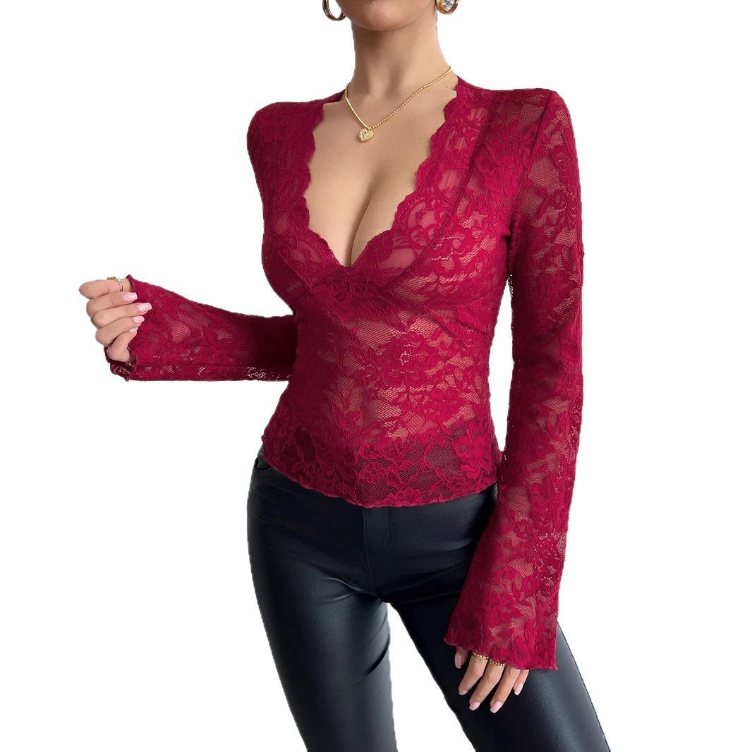 Solid Color Sexy Lace Slim V-neck Long Sleeve