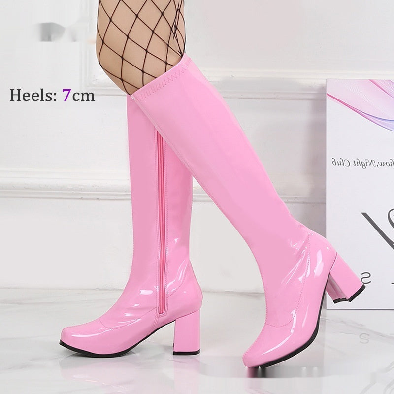 Patent Leather Stretch Chunky Heel All-matching Middle Boots