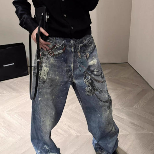 Printed Jeans Men's Loose Straight Personality All-match