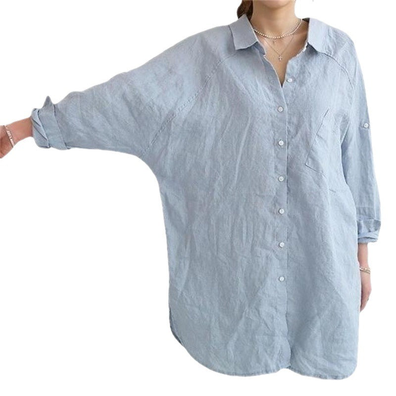 Plus Size Loose All-match Cotton And Linen Textured Shirt For Women