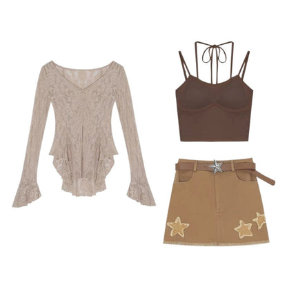 Spaghetti-shoulder Strap Camisole Thin Top Long Sleeve Cardigan Dress Hot Girl Suit