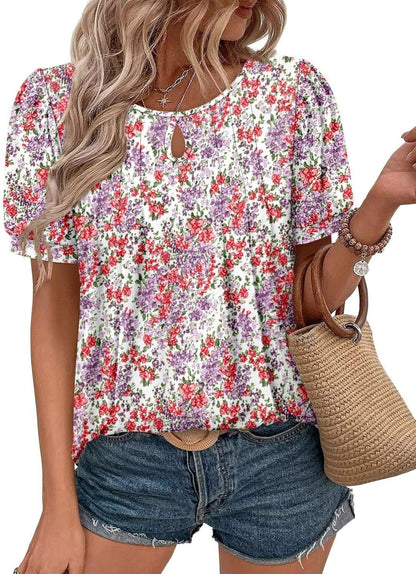 Floral Print Round Neck T Hole Flower Female