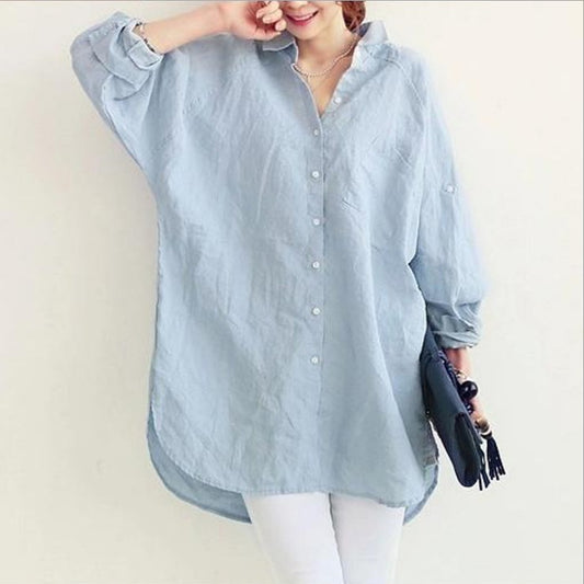 Plus Size Loose All-match Cotton And Linen Textured Shirt For Women