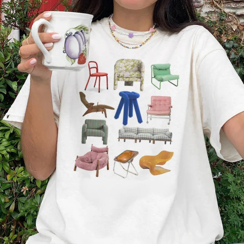 European And American Retro Printed Foreign Trade T-shirt Cute Solid Color