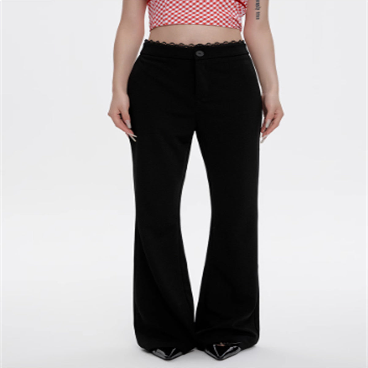 Lace Stitching Black Flared Pants For Women In Summer High Waist