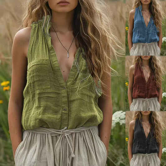 Women's Casual Loose Sleeveless Cotton Linen V-neck Pocket Vest Shirt