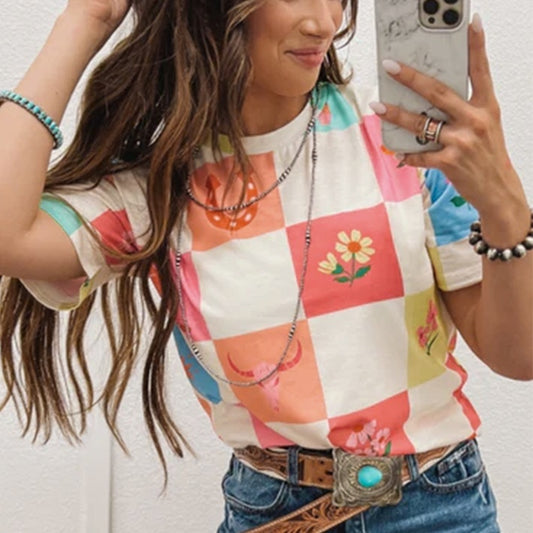 Color Contrast Printed Short-sleeved Top
