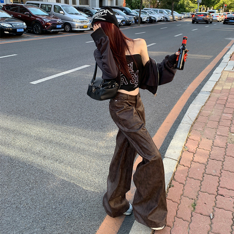 Retro Brown Pu Leather Waist Super Soft Brown Wide Leg Pants Maillard Wear