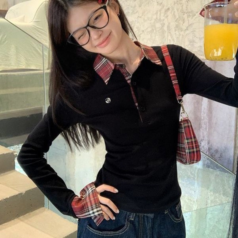 Women's Lapel Shoulder Long-sleeved T-shirt