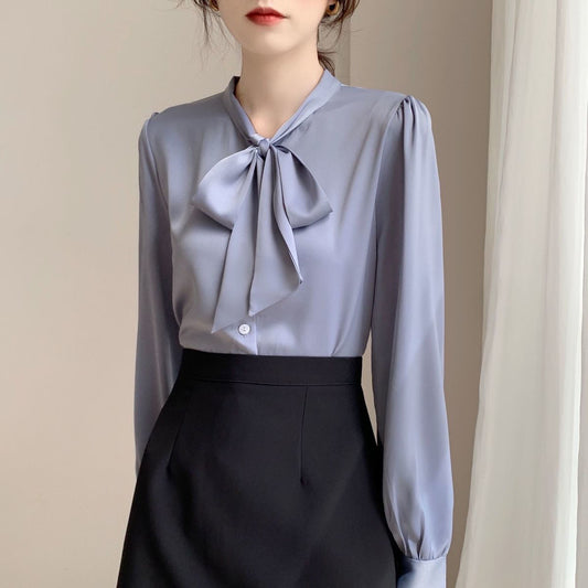 Lace-up Bow Business Wear Solid Color Bottoming Long Sleeve Shirt