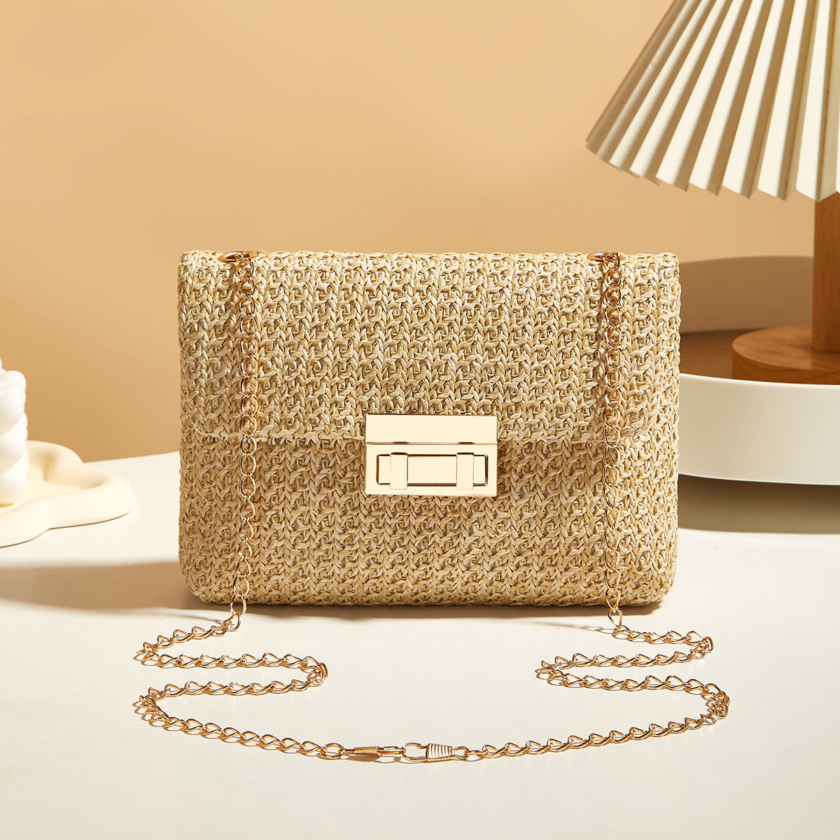 Women's Straw Lock Closed Simple Square Bag